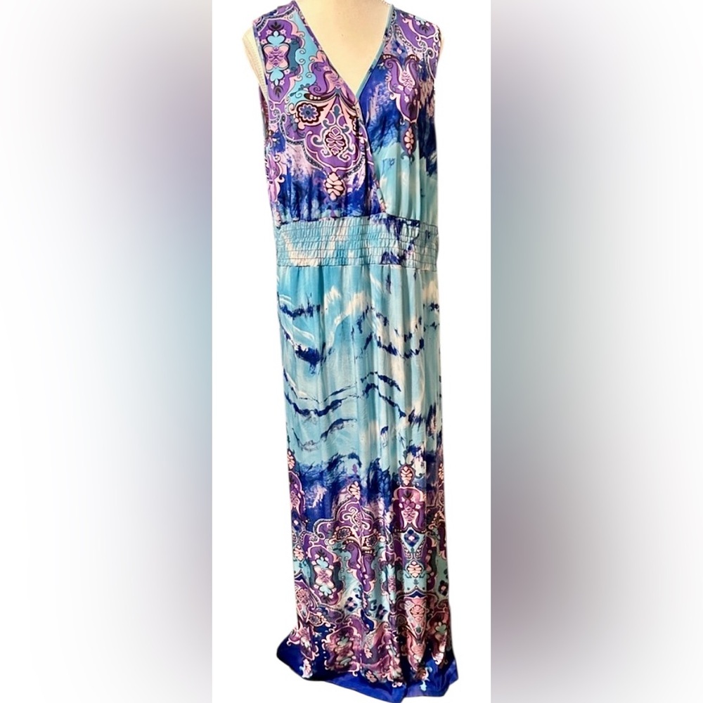 Bohemian Blue and Purple Sleveless Maxi Dress w/ Smocked Waist, 2X